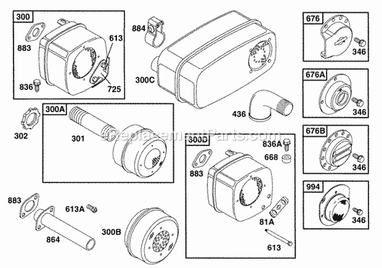 Muffler Grps Diagram and Parts List for 252416-0734-01  Briggs and Stratton Engine